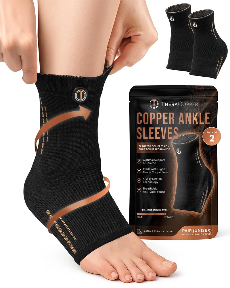 TheraCopper Copper Ankle Brace 2 Pack Compression Ankles Brace for Men Women Infused Copper Ankle Sleeve Compression Support for Pain Relief Swelling Sprains Achilles Recovery Sports Medium